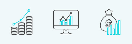 Set line Money bag and diagram graph Pie chart infographic coin and Computer monitor with icon. Vector.のイラスト素材