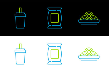 Set line Asian noodles in bowl Paper glass with straw and Bag or packet potato chips icon. Vector.のイラスト素材