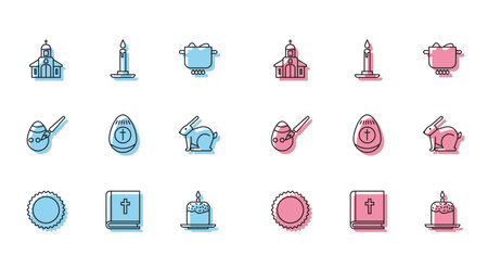 Set line Sun Holy bible book Church building Easter cake and candle egg rabbit paint brush and Burning candlestick icon. Vector.のイラスト素材