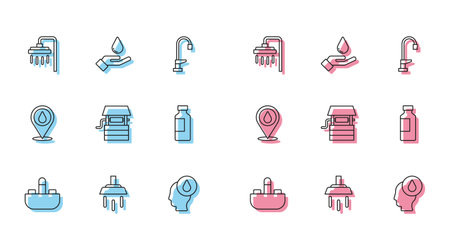 Set line Washbasin with water tap Shower Water drop Well bucket Bottle of location and Washing hands soap icon. Vector.のイラスト素材