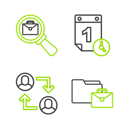Set line Online working Project team base Time management and Magnifying glass with briefcase icon. Vector.のイラスト素材