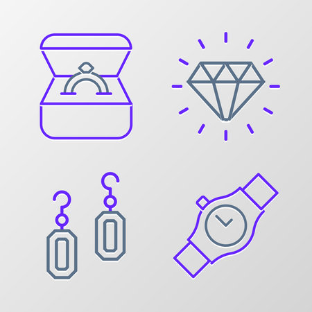Set line Wrist watch Earrings Diamond and engagement box icon. Vector.のイラスト素材