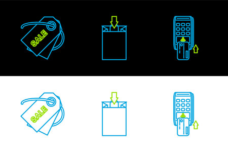 Set line Pos terminal with inserted credit card Price tag an inscription Sale and Paper shopping bag icon. Vector.のイラスト素材