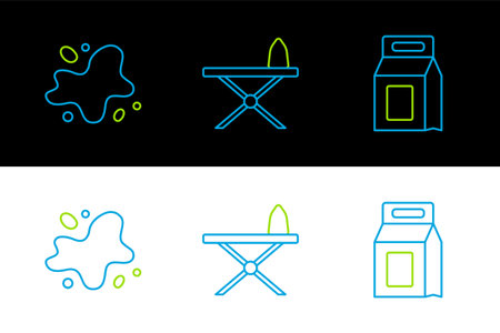 Set line Laundry detergent Water spill and Iron and ironing board icon. Vector.のイラスト素材