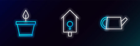 Set line Watering can Plant pot and Retro wall watch icon. Glowing neon. Vector.のイラスト素材