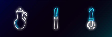 Set line Pizza knife Bottle of olive oil and Knife icon. Glowing neon. Vector.のイラスト素材