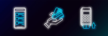 Set line Pos terminal with inserted credit card Online shopping on mobile phone and Human hand holding icon. Glowing neon. Vector.のイラスト素材