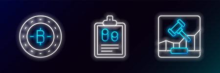 Set line Online internet auction Bitcoin and Business finance report icon. Glowing neon. Vector.のイラスト素材