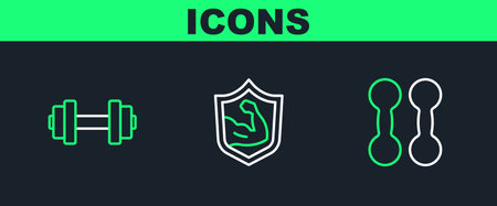 Set line Dumbbell and Bodybuilder muscle icon. Vector.のイラスト素材