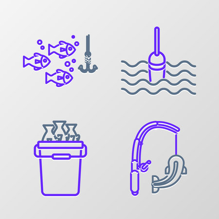 Set line Fishing rod and fish bucket with fishes float water and hook under icon. Vector.のイラスト素材
