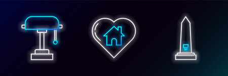 Set line Washington monument Table lamp and House with heart shape icon. Glowing neon. Vector.のイラスト素材