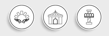 Set line Attraction carousel Hand holding playing cards and Circus tent icon. Vector.のイラスト素材