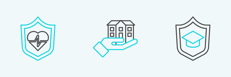 Set line Graduation cap with shield Life insurance and House hand icon. Vector.のイラスト素材