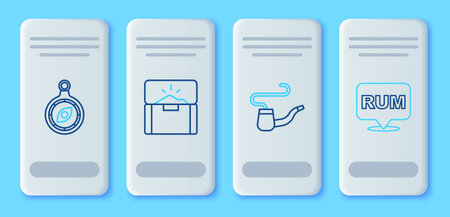 Set line Antique treasure chest Smoking pipe Compass and Alcohol drink Rum icon. Vector.のイラスト素材