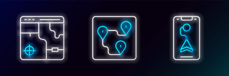 Set line City map navigation Infographic of city and Route location icon. Glowing neon. Vector.のイラスト素材
