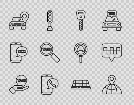 Set line Hand on map pointer with taxi Location the globe Car key Taxi call telephone service Map Magnifying glass car roof and icon. Vector.のイラスト素材