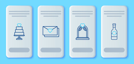 Set line Envelope with Valentine heart Wedding arch cake and Champagne bottle icon. Vector.のイラスト素材