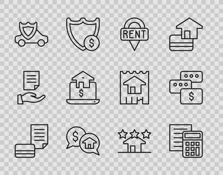 Set line Credit card Calculator Location key Price negotiation Car with shield Online real estate Real and icon. Vector.のイラスト素材