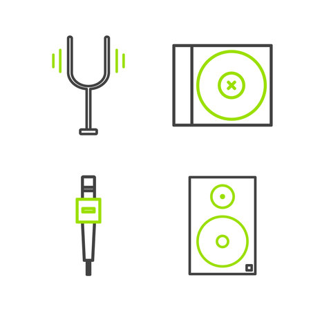 Set line Stereo speaker Microphone CD or DVD disk and Musical tuning fork icon. Vector.のイラスト素材