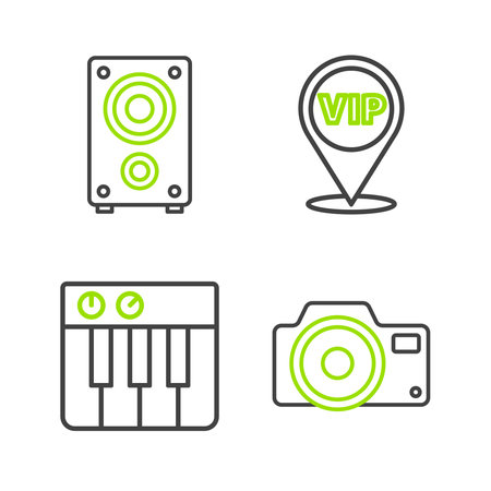 Set line Photo camera Music synthesizer Location Vip and Stereo speaker icon. Vector.のイラスト素材