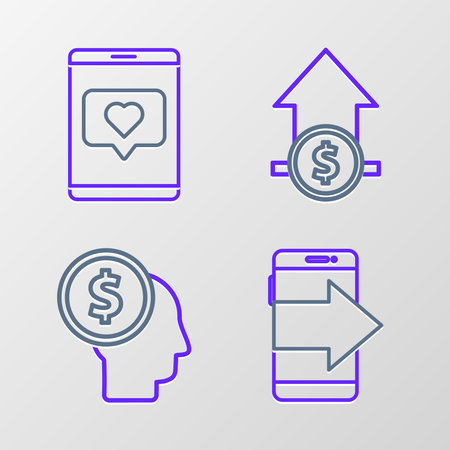 Set line Smartphone mobile phone Business man planning mind Financial growth and coin and Mobile like with heart icon. Vector.のイラスト素材