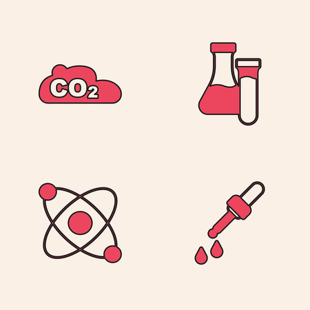 Set Pipette CO2 emissions in cloud Test tube and Atom icon. Vector.のイラスト素材