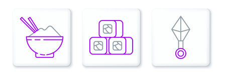 Set line Japanese ninja shuriken Rice bowl with chopstick and Sushi icon. Vector.のイラスト素材