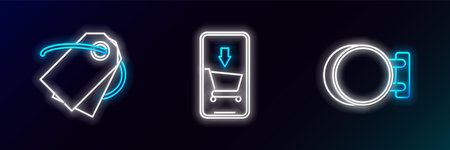 Set line Signboard hanging Blank label template price tag and Mobile phone and shopping cart icon. Glowing neon. Vector.のイラスト素材