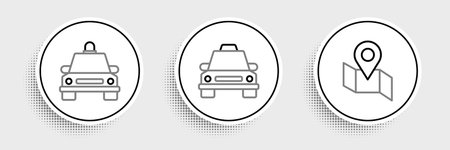 Set line Folded map with location marker Taxi car and icon. Vector.のイラスト素材