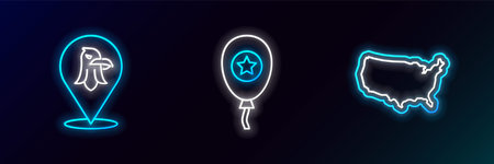 Set line USA map Eagle and Balloons icon. Glowing neon. Vector.のイラスト素材