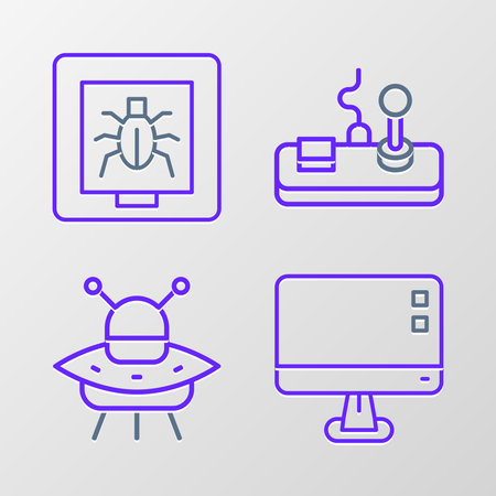 Set line Computer monitor screen UFO flying spaceship Gamepad and Insects frame icon. Vector.のイラスト素材