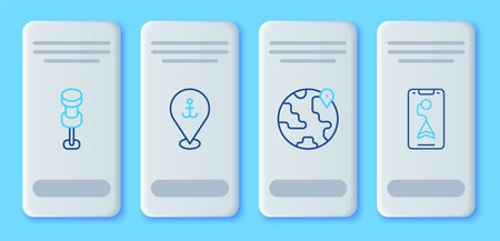 Set line Location with anchor the globe Push pin and City map navigation icon. Vector.のイラスト素材