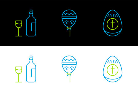 Set line Easter egg Wine bottle with glass and Balloons ribbon icon. Vector.のイラスト素材