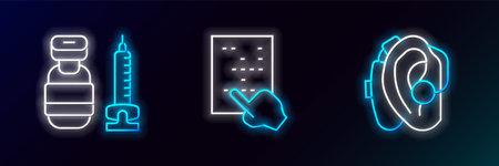 Set line Hearing aid Syringe and Braille icon. Glowing neon. Vector.のイラスト素材
