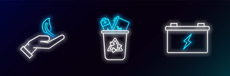 Set line Car battery Sprout in hand of environmental protection and Recycle bin with recycle symbol icon. Glowing neon. Vector.のイラスト素材