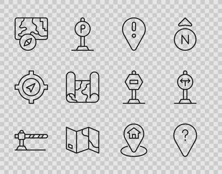Set line Parking car barrier Unknown route point Location with exclamation mark Folded map City navigation house and Fork the road icon. Vector.のイラスト素材