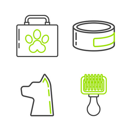 Set line Hair brush for dog and cat Cat Canned food and Pet first aid kit icon. Vector.のイラスト素材
