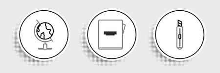 Set line Stationery knife Earth globe and Notebook icon. Vector.のイラスト素材