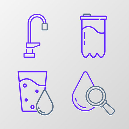 Set line Drop and magnifying glass Glass with water Water filter cartridge and tap icon. Vector.のイラスト素材