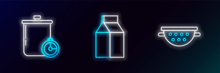 Set line Kitchen colander Cooking pot kitchen timer and Paper package for milk icon. Glowing neon. Vector.のイラスト素材