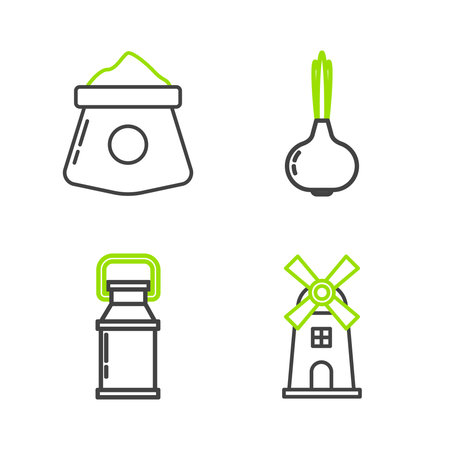 Set line Windmill Can container for milk Onion and Bag of flour icon. Vector.のイラスト素材