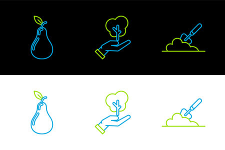 Set line Garden trowel spade or shovel in the ground Pear and Tree hand of environmental protection icon. Vector.のイラスト素材