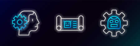 Set line Robot Humanoid robot and blueprint icon. Glowing neon. Vector.のイラスト素材