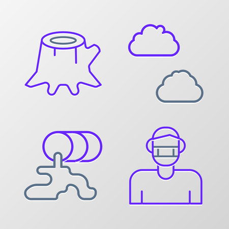 Set line Face in protective mask Barrel oil leak Cloud and Tree stump icon. Vector.のイラスト素材
