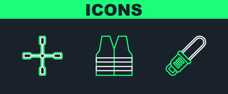 Set line Chainsaw Wheel wrench and Safety vest icon. Vector.のイラスト素材