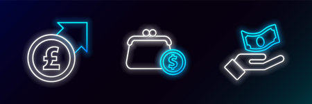 Set line Hand holding money Financial growth pound and Wallet with coins icon. Glowing neon. Vector.のイラスト素材