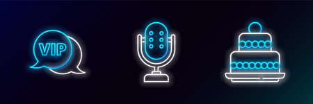 Set line Cake Vip in speech bubble and Microphone icon. Glowing neon. Vector.のイラスト素材