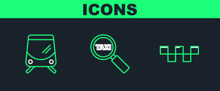 Set line Taxi car roof Tram and railway and Magnifying glass taxi icon. Vector.のイラスト素材