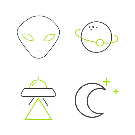 Set line Moon and stars UFO flying spaceship Planet and Alien icon. Vector.のイラスト素材
