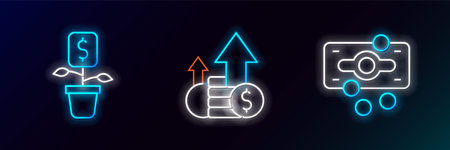 Set line Stacks paper money cash Dollar plant and Financial growth and coin icon. Glowing neon. Vector.のイラスト素材